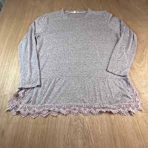 Cactus + Pearl Women’s XXL Soft Knit Top Pink Gray Lace Hem Long Sleeve Casual